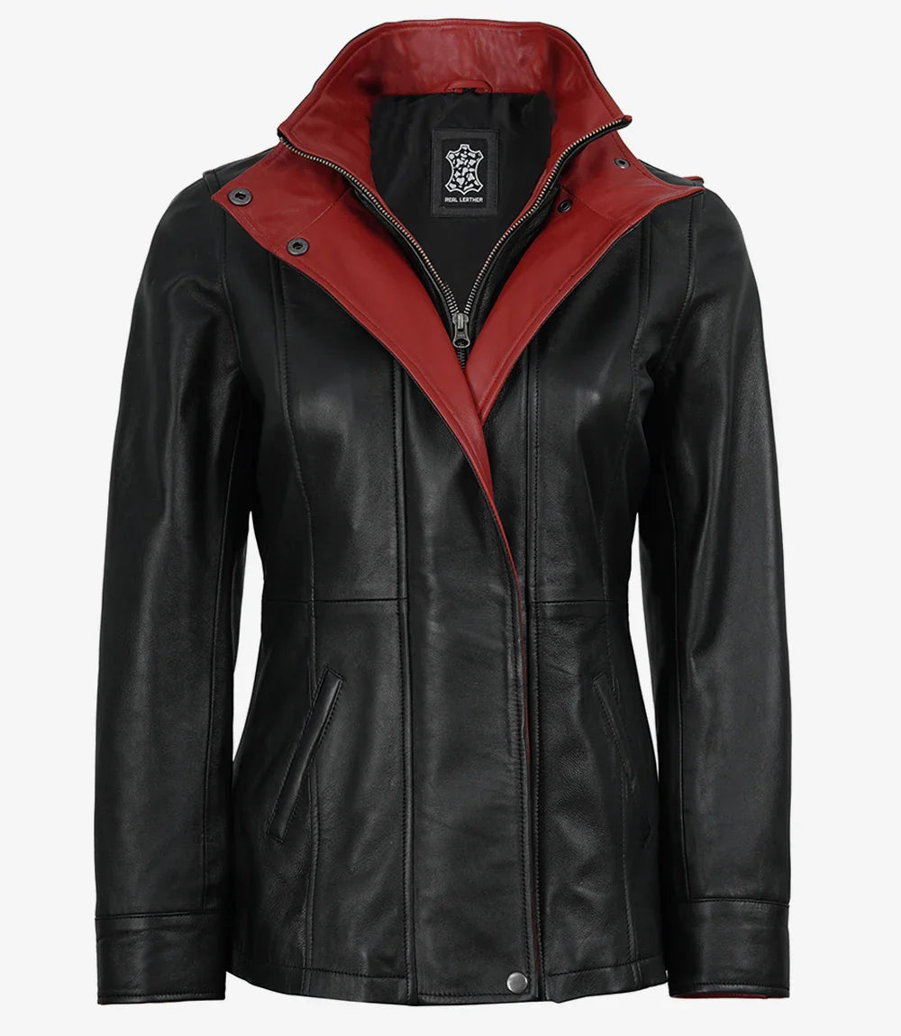 Erin Women's High-Collar Black Leather Jacket With Red Details