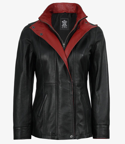 Erin Women's High-Collar Black Leather Jacket With Red Details
