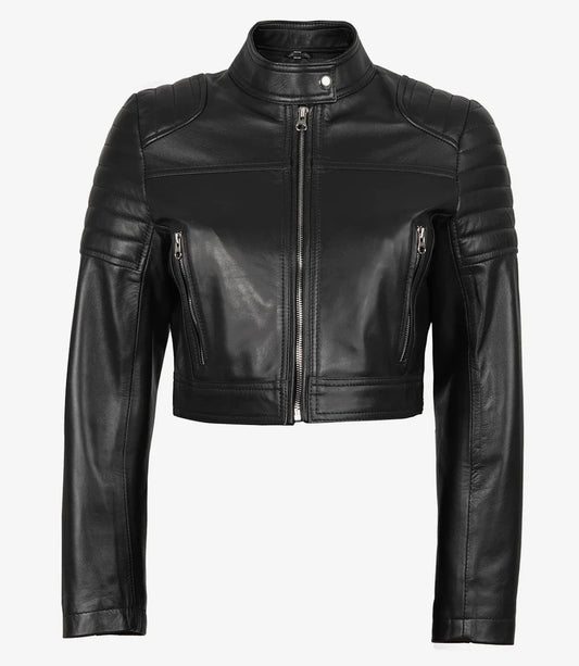 Black Cropped Leather Biker Style Jacket for Women