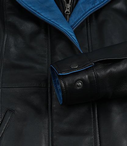 Erin Women's High-Collar Black Leather Jacket With Blue Waxed Details