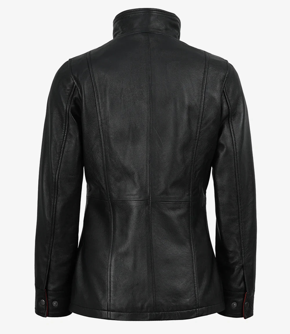 Erin Women's High-Collar Black Leather Jacket With Red Details