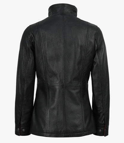 Erin Women's High-Collar Black Leather Jacket With Red Details