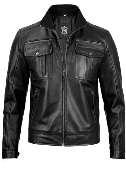 Moffit Mens Black Cafe Racer Style Real Leather Jacket