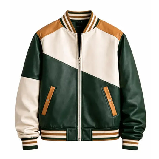 Block Green Varsity Leather Bomber Jacket