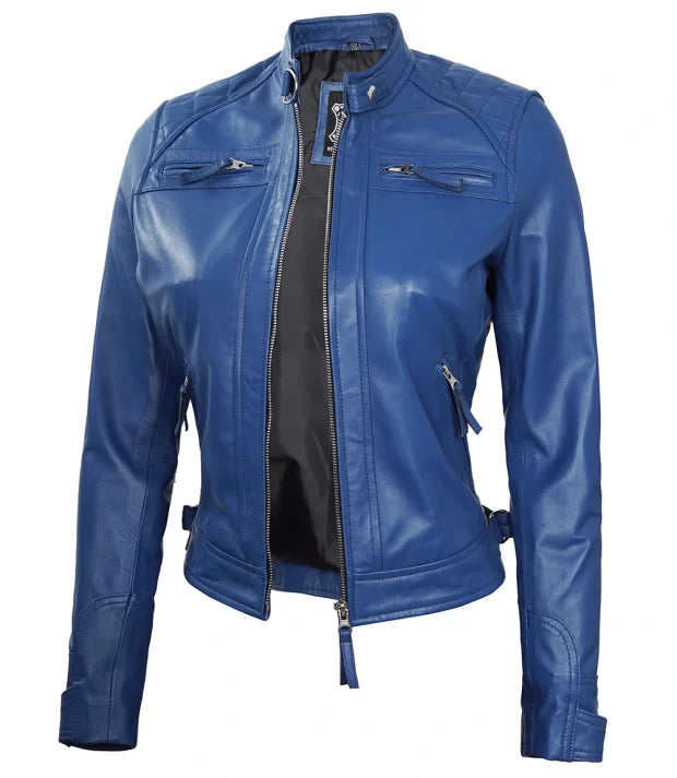 Women’s Blue Fitted Biker Leather Jacket | Quilted Pattern Max Jackets