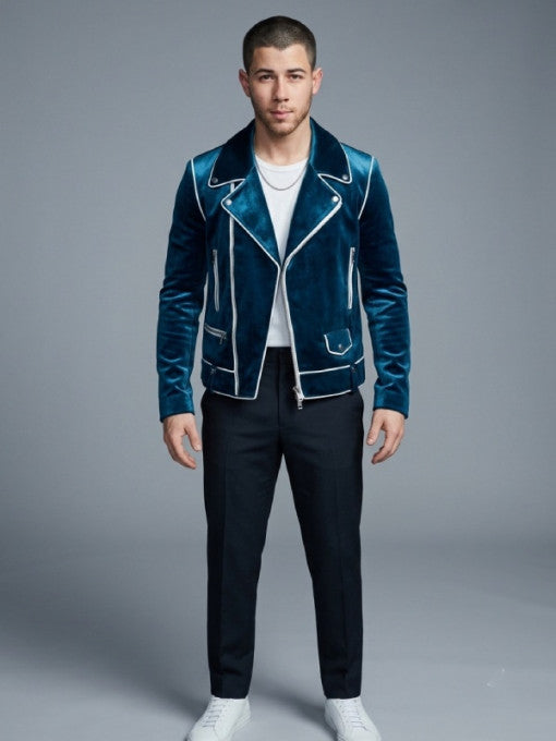 Power Ballad Nick Jonas Blue Velvet Biker Jacket