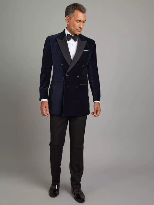 Mens Peak Lapel Double-Breasted Blue Velvet Tuxedo