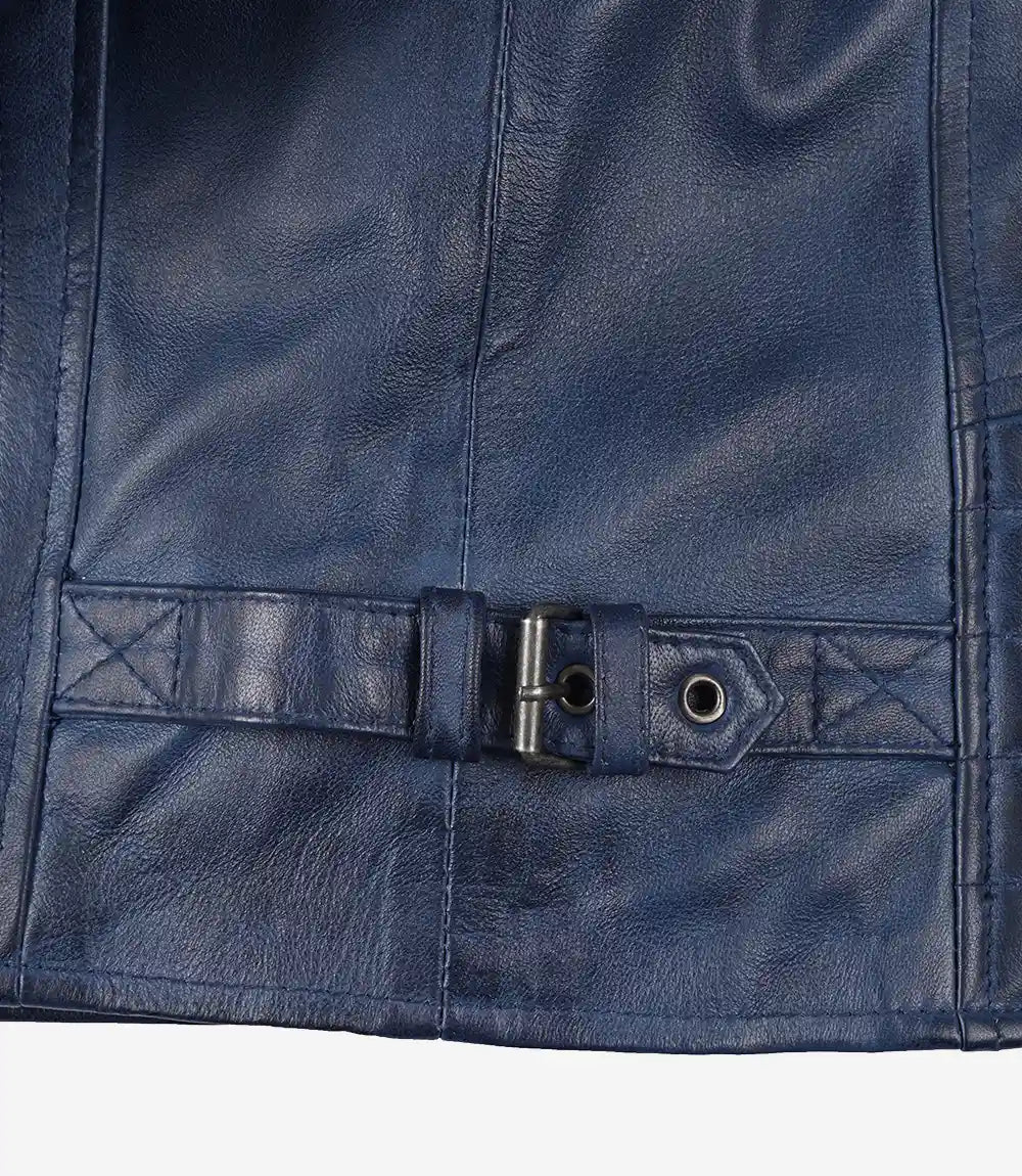 Mens Blue Waxed Biker Style Leather Jacket