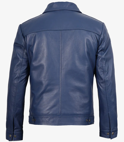 Men's Classic Blue Leather Jacket with Shirt Collar