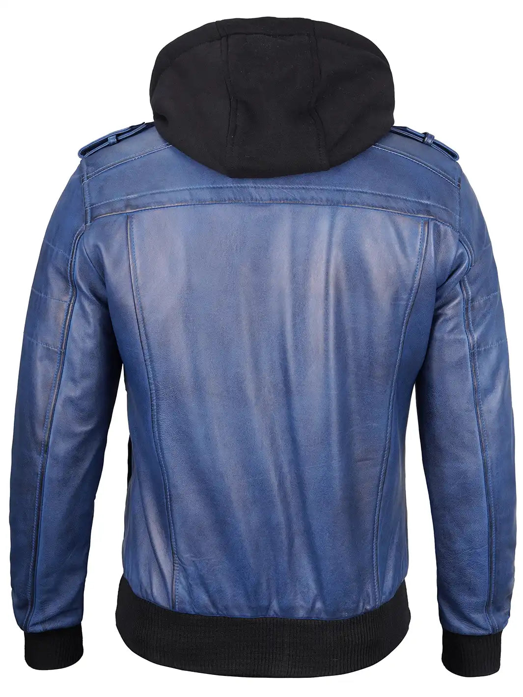 Men's Blue Wax Lambskin Bomber Jacket with Removable Hood