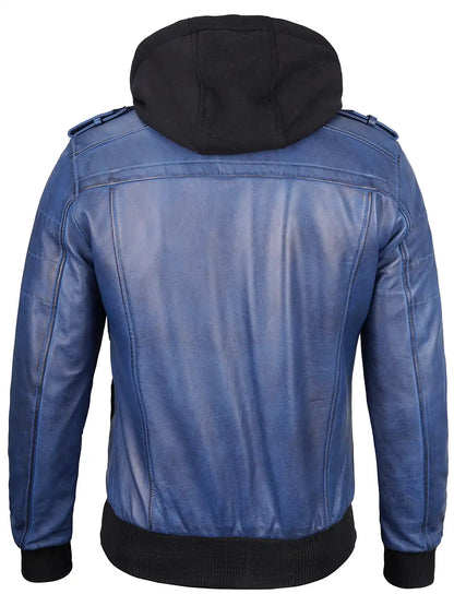 Men's Blue Wax Lambskin Bomber Jacket with Removable Hood
