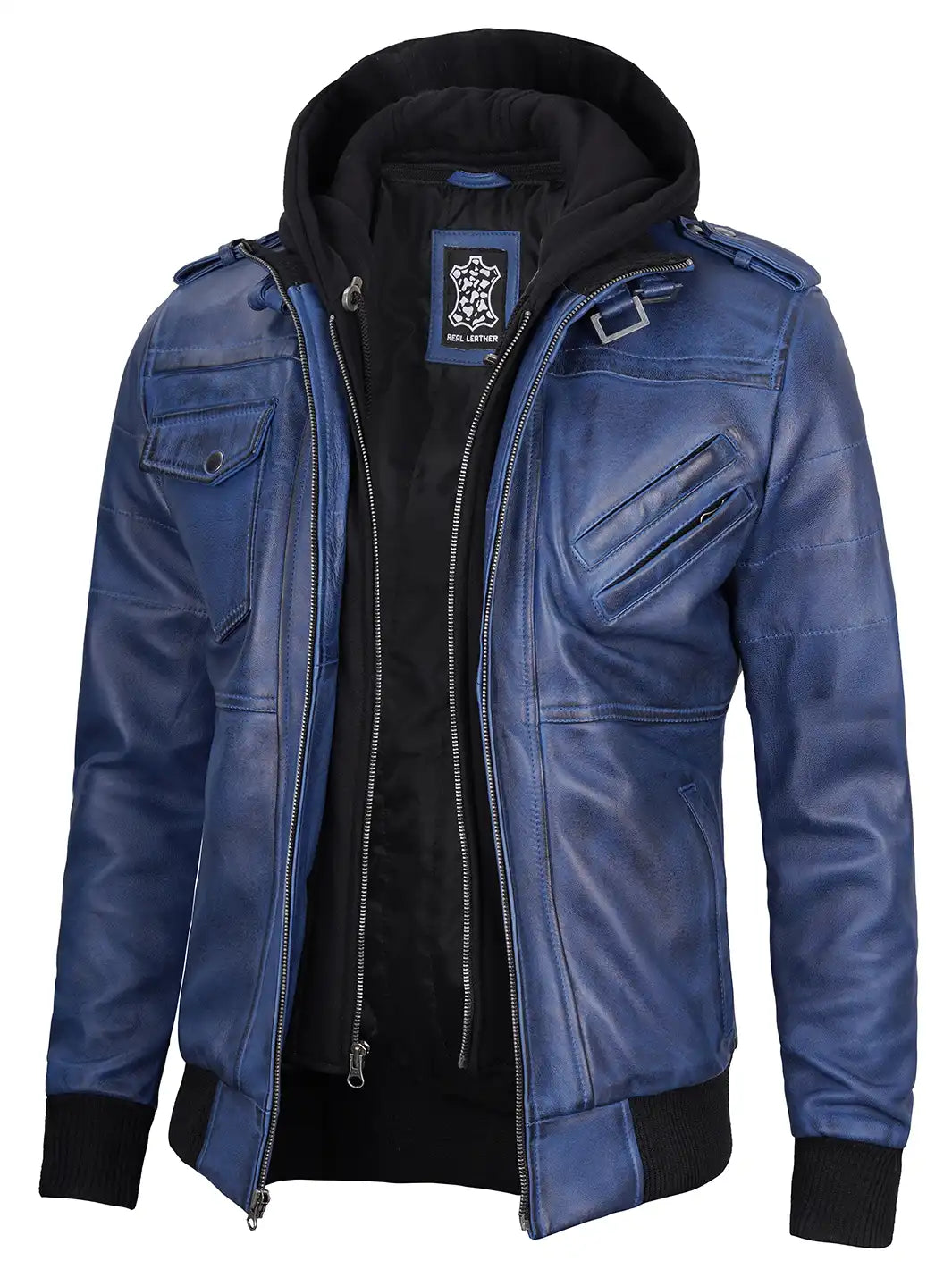 Men's Blue Wax Lambskin Bomber Jacket with Removable Hood