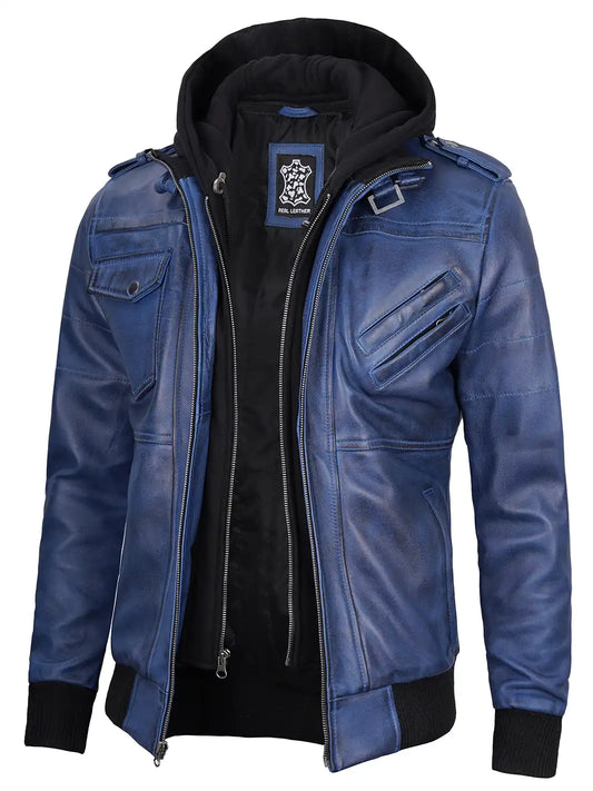 Men's Blue Wax Lambskin Bomber Jacket with Removable Hood