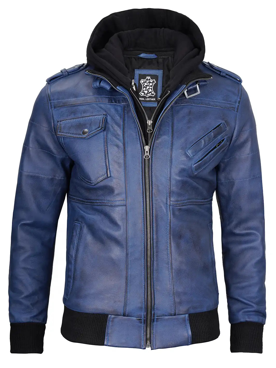 Men's Blue Wax Lambskin Bomber Jacket with Removable Hood