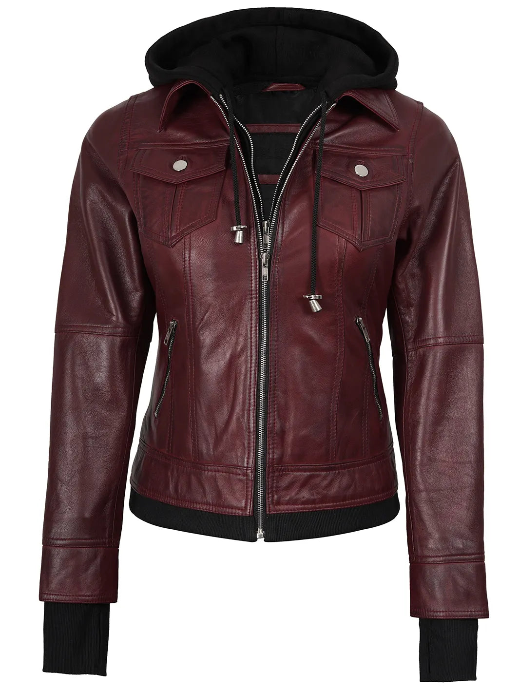 Women's Burgundy Hooded Leather Bomber Jacket