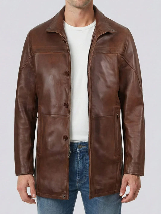 Men's Cognac Brown Leather Car Coat - 3/4 Length