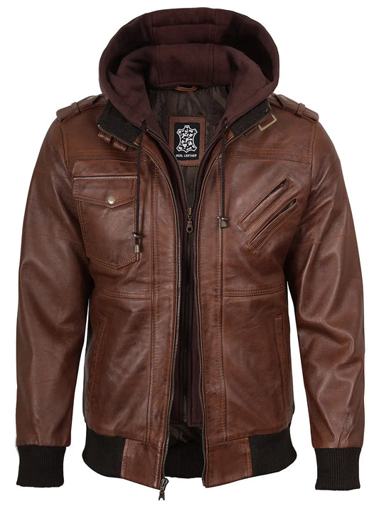 Men's Cognac Brown Bomber Leather Jacket - Removable Hood