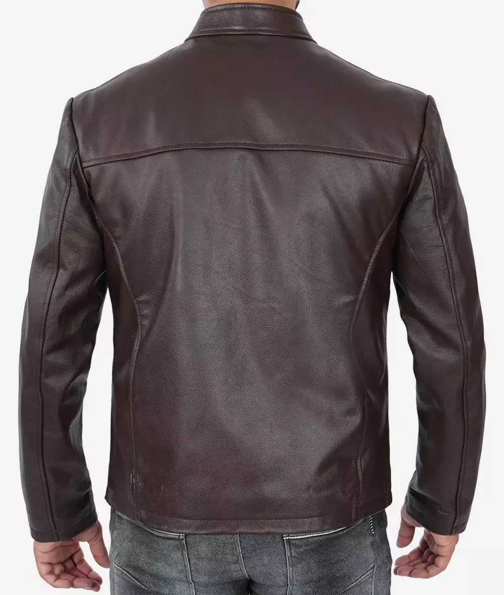 Mens Dark Brown Premium Cowhide Leather Cafe Racer Jacket Max Jackets