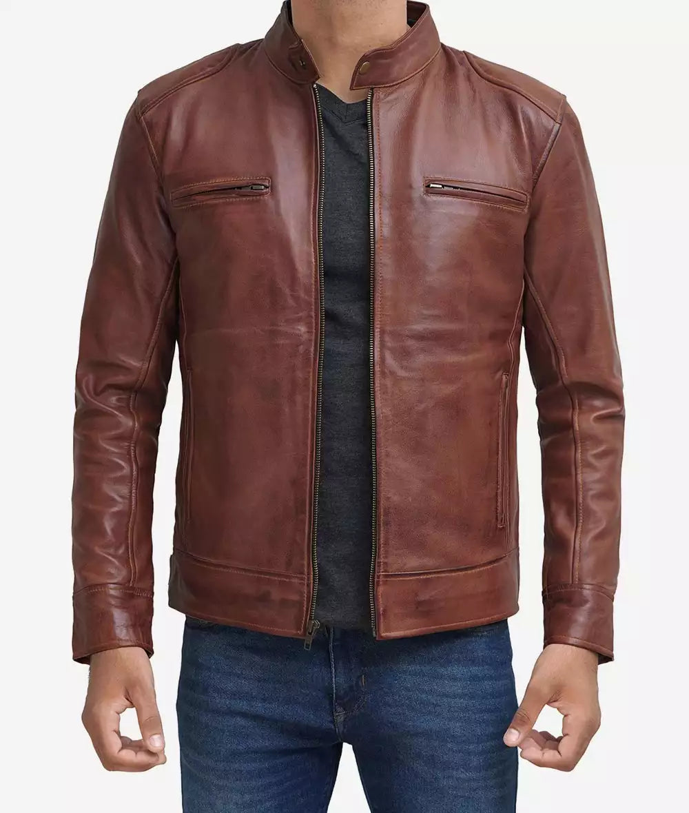 Mens Tall Cognac Leather Cafe Racer Jacket Max Jackets