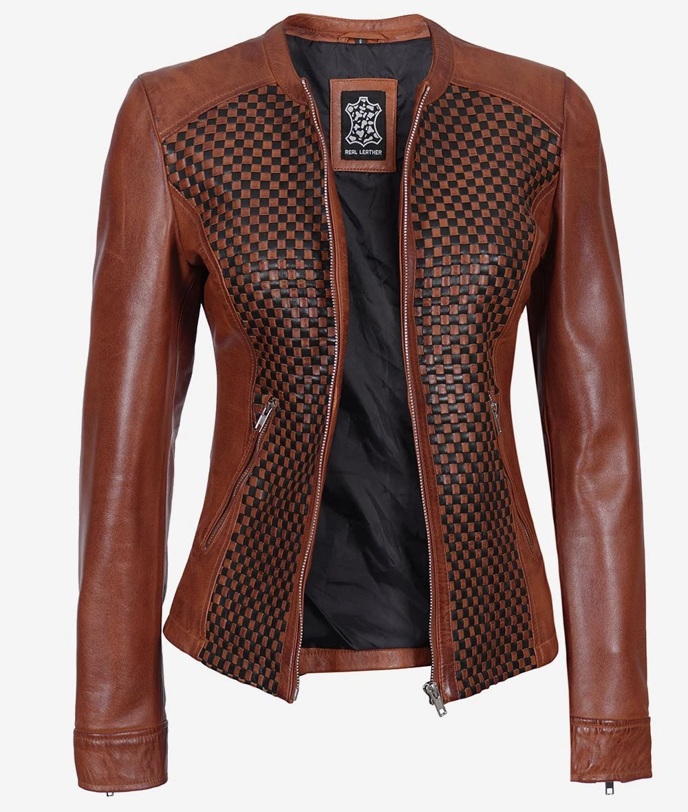 Womens Brown Textured Leather Biker Jacket Max Jackets