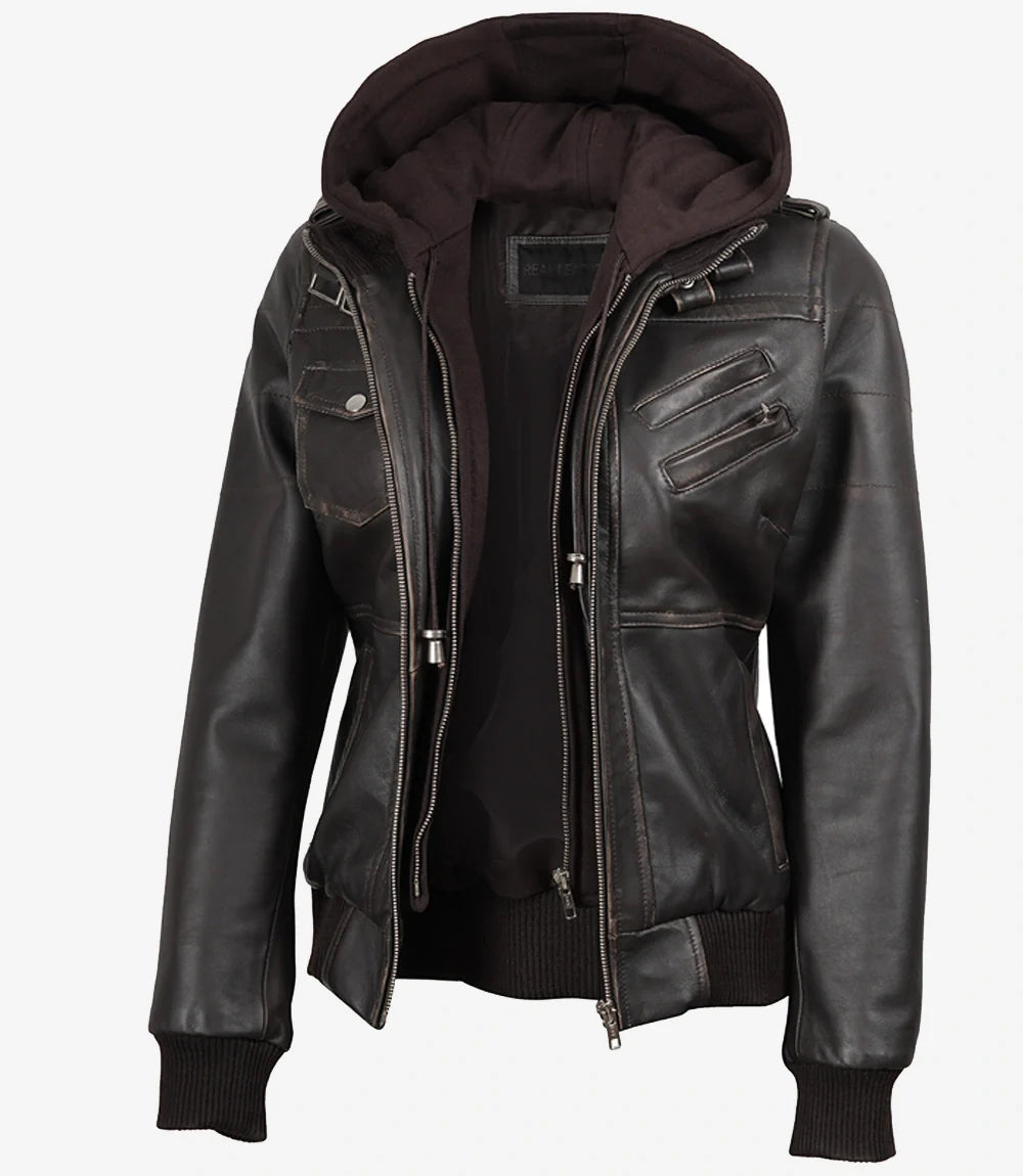 Womens Distressed Brown Hooded Bomber Leather Jacket