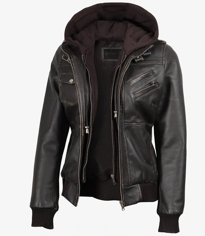 Womens Distressed Brown Hooded Bomber Leather Jacket