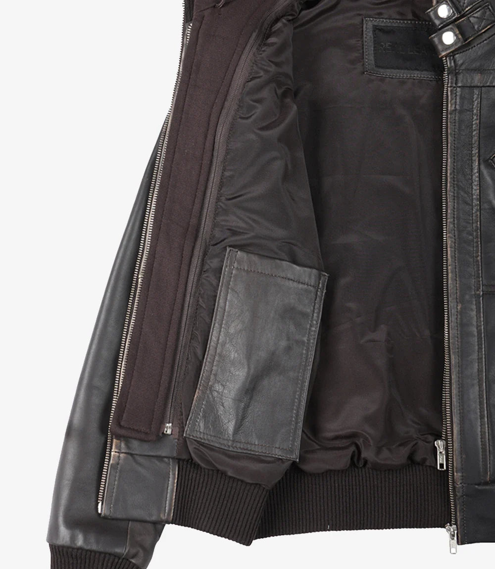 Womens Distressed Brown Hooded Bomber Leather Jacket