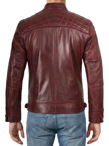 Men's Burgundy Quilted Leather Biker Jacket