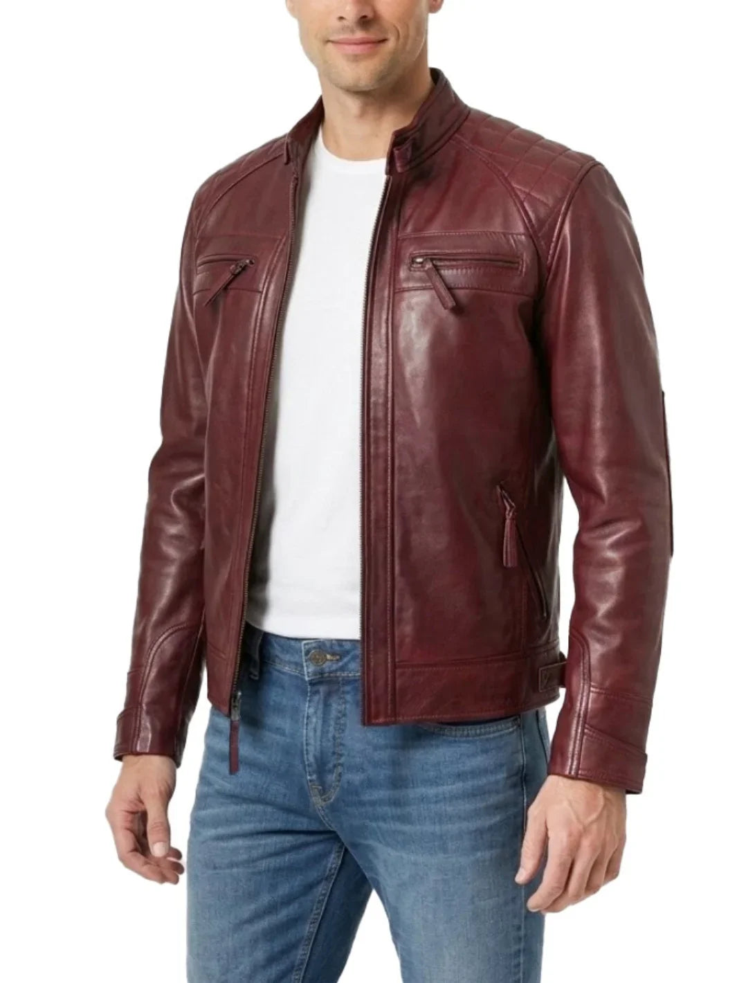 Men's Burgundy Quilted Leather Biker Jacket