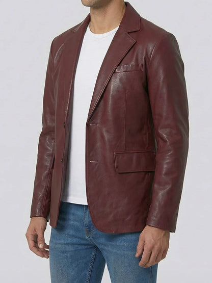 Men's Burgundy Real Leather Blazer