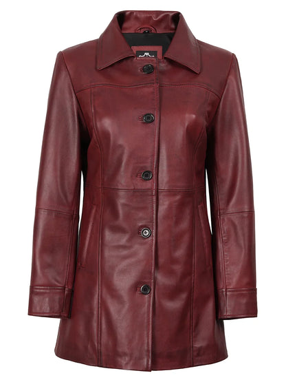 Kandis - Women's Burgundy Leather 3/4 Length Car Coat