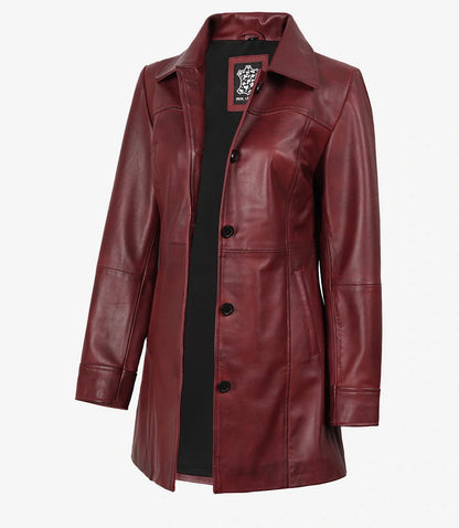 Womens Button Down Maroon Leather Car Coat