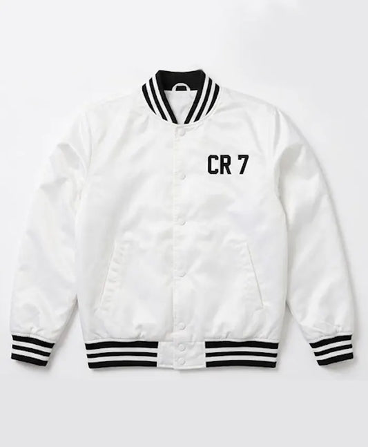 Cristiano Ronaldo CR7 White Satin Bomber Jacket