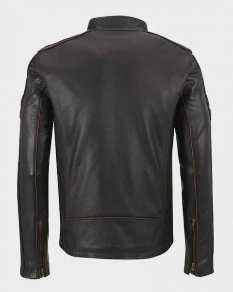 Men's Brown Stripe Café Racer Leather Jacket Max Jackets