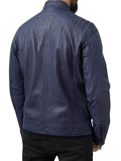 Cafe Racer Style Blue Leather Jacket for Men Max Jackets