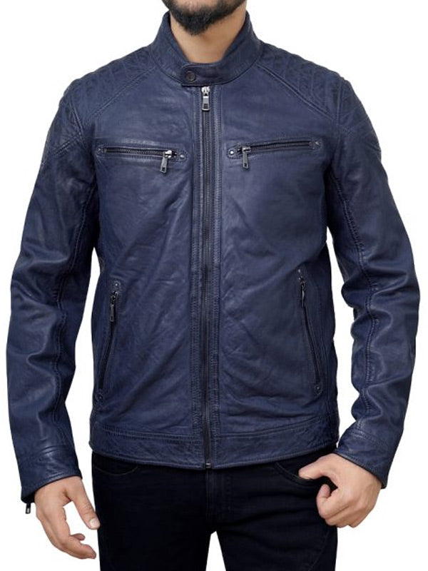 Cafe Racer Style Blue Leather Jacket for Men Max Jackets