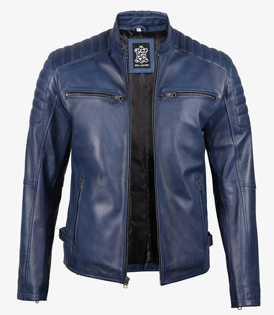 Mens Blue Waxed Biker Style Leather Jacket
