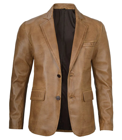 Men's Camel Brown Two-Button Leather Blazer