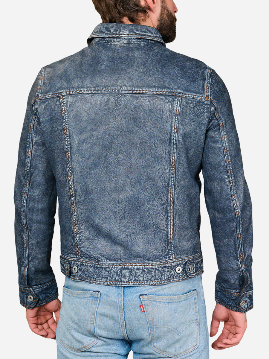 Hudson Trucker Blue Leather Jacket Max Jackets