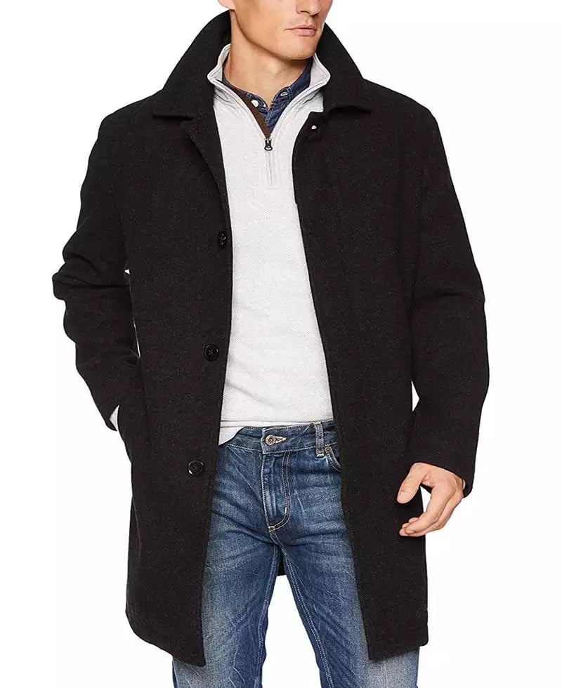 Men's Single-Breasted Black Wool Car Coat – Winter Overcoat