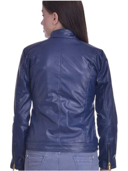 Christy World Solid Women’s Stylish Blue Leather Jacket Max Jackets