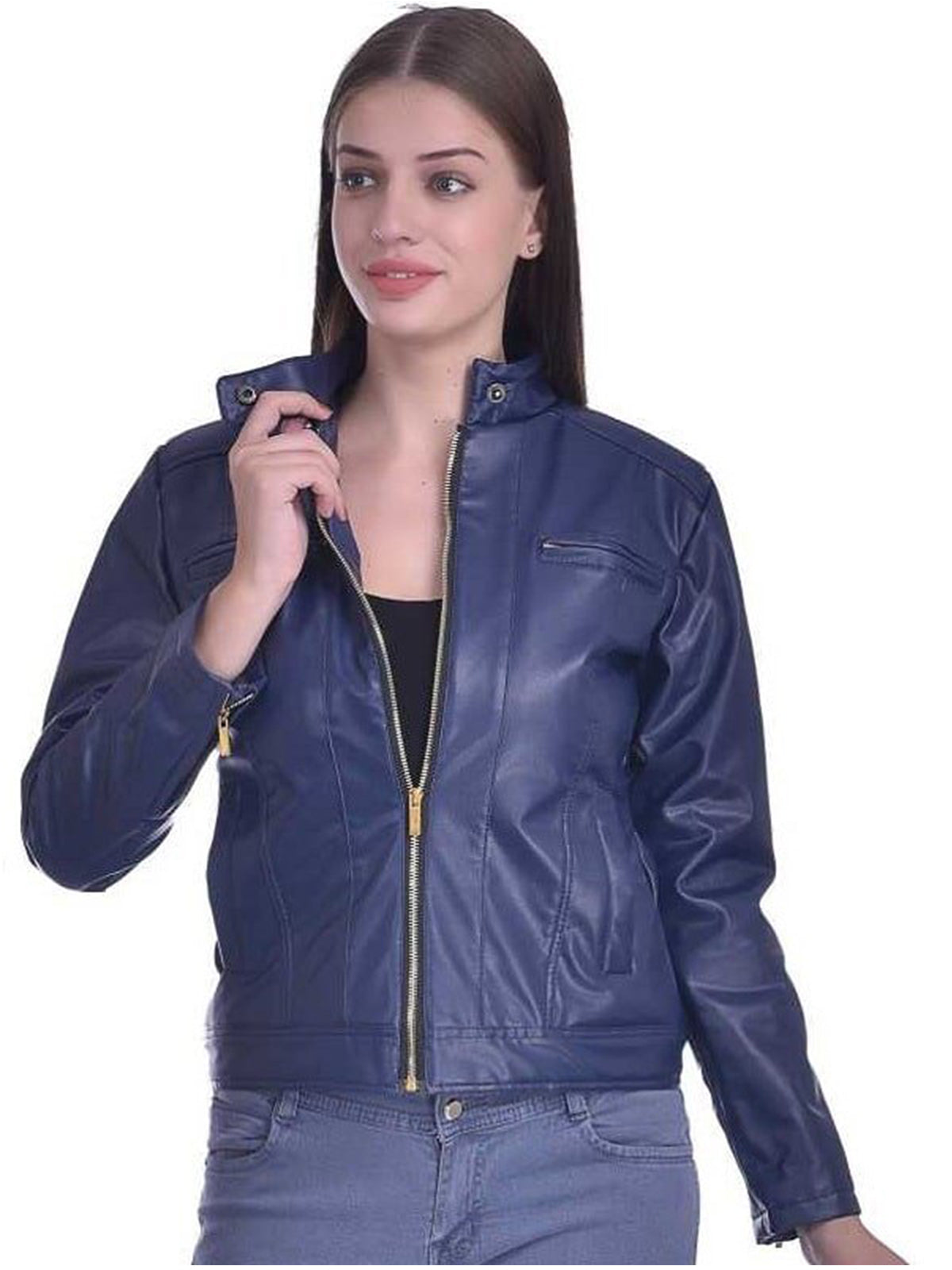 Christy World Solid Women’s Stylish Blue Leather Jacket Max Jackets