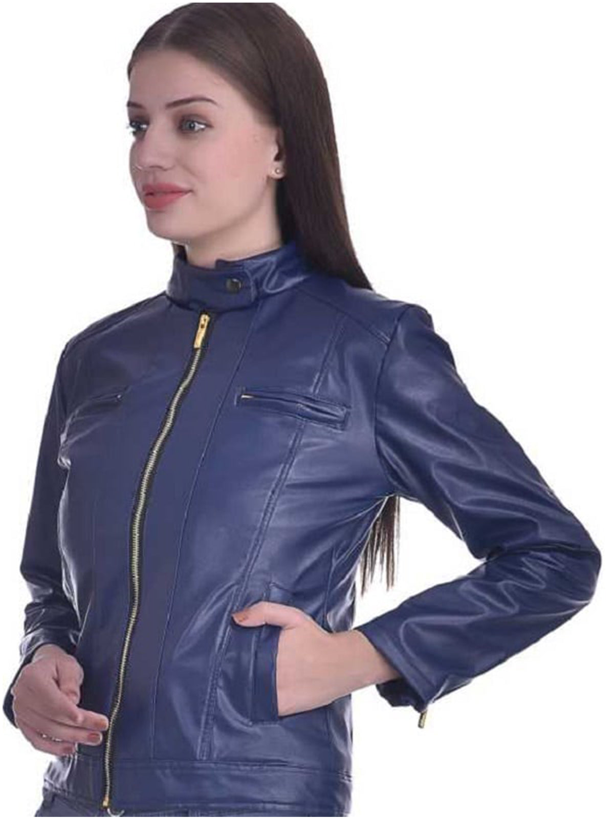 Christy World Solid Women’s Stylish Blue Leather Jacket Max Jackets