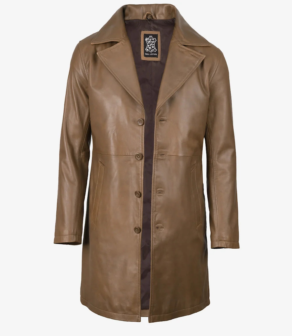Mens 3/4 Length Lambskin Leather Brown Coat