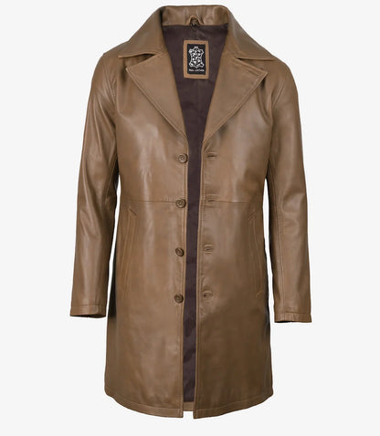 Mens 3/4 Length Lambskin Leather Brown Coat