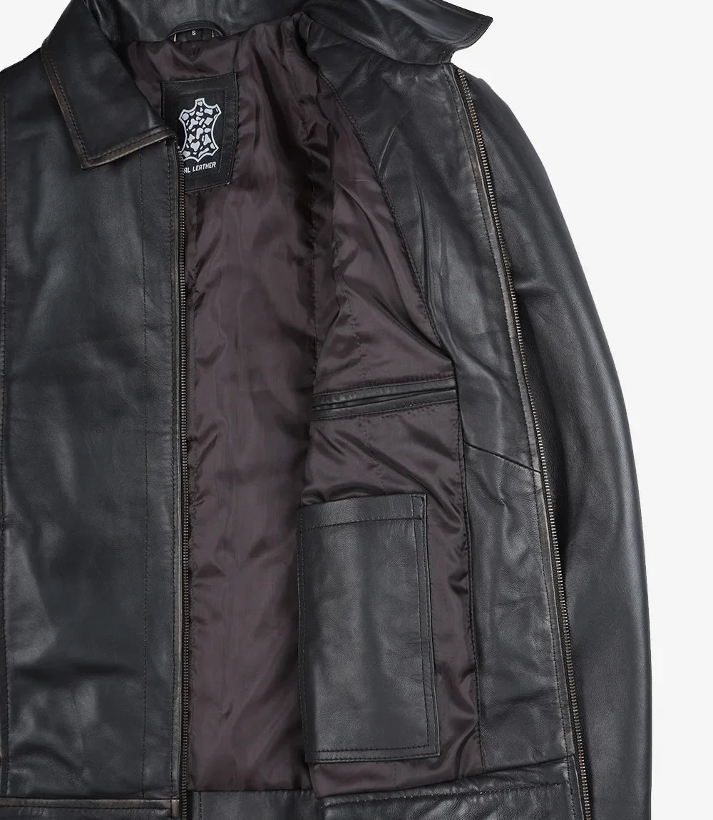Mens Shirt Collar Classic Distressed Brown Leather Jacket