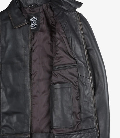 Mens Shirt Collar Classic Distressed Brown Leather Jacket