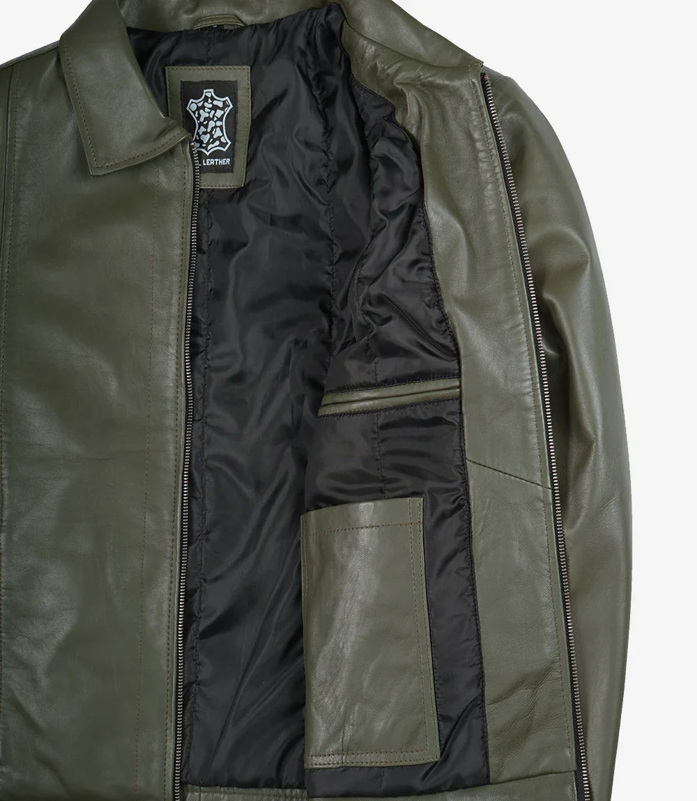 Men's Classic Shirt Collar Olive Green Leather Jacket