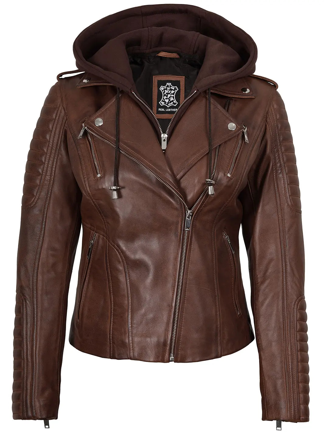 Bagheria Womens Cognac Biker Style Leather Jacket With Removable Hood