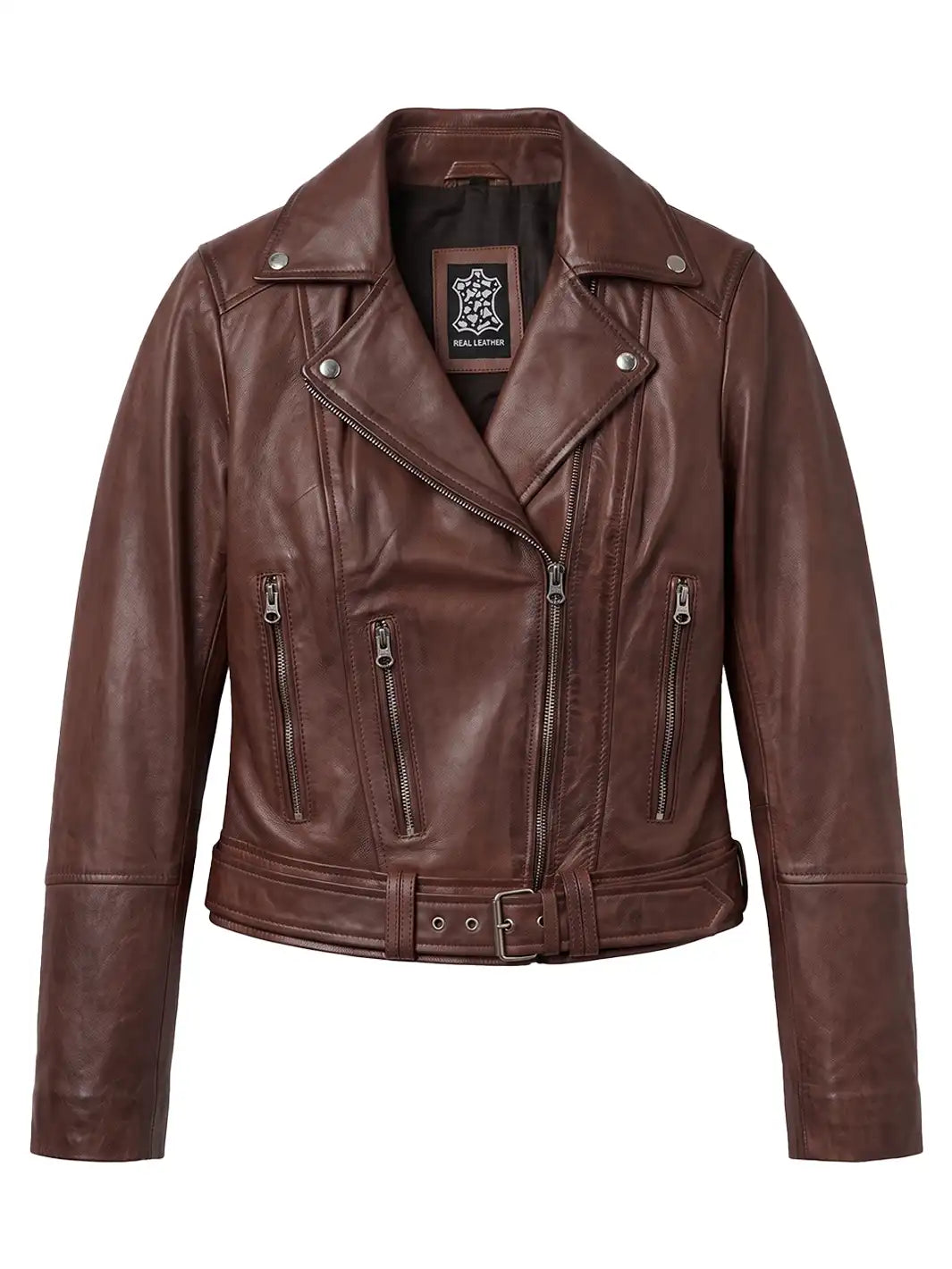 Women's Cognac Brown Lambskin Biker Jacket — Asymmetrical Collar